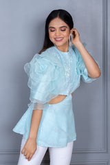 Aarya Sky Blue Sequence Top With Ruffled Sleeves