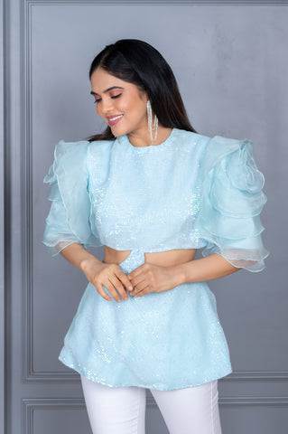 Aarya Sky Blue Sequence Top With Ruffled Sleeves