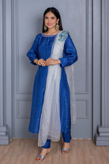 Aarohi Blue Peacock Broach 3 Piece Suit Set