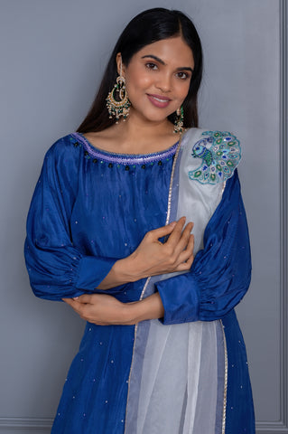 Aarohi Blue Peacock Broach 3 Piece Suit Set