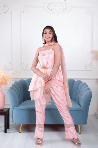 Saanvi Peach Polka Dot Swan 3 piece Suit Set