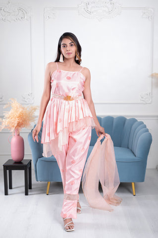 Saanvi Peach Polka Dot Swan 3 piece Suit Set