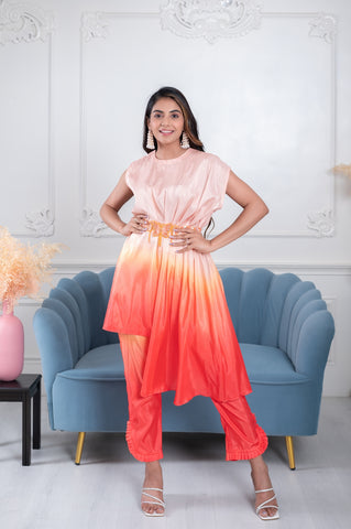 Anayaa Tangerine Ombre 2 Piece Co-ord set  with Embroidered  Belt