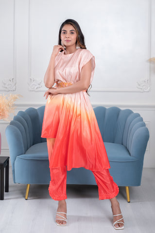 Anayaa Tangerine Ombre 2 Piece Co-ord set  with Embroidered  Belt