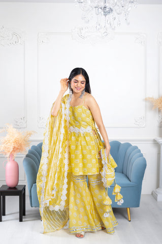 Vaamya Yellow Lotus 3 Piece Suit Set