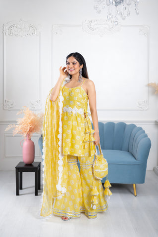 Vaamya Yellow Lotus 3 Piece Suit Set