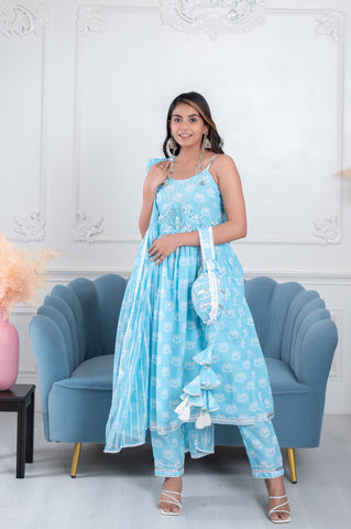 Noorie Sky Blue Lotus 3 Piece Suit Set