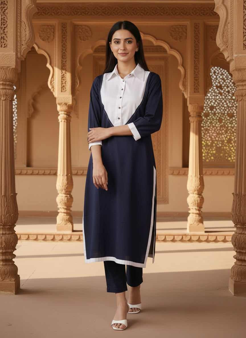 Navy Blue Pure Cotton Kurta Set