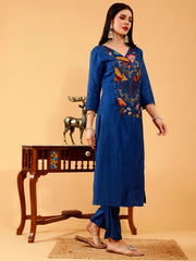 Silk 3 Pc Suit Set in Benika Blue Printed with Hand Embroidered