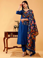 Silk 3 Pc Suit Set in Benika Blue Printed with Hand Embroidered