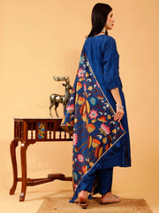 Silk 3 Pc Suit Set in Benika Blue Printed with Hand Embroidered