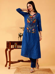 Silk 3 Pc Suit Set in Benika Blue Printed with Hand Embroidered