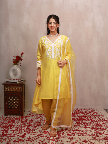 Sun kissed Yellow Hand Embroidered  A line suit