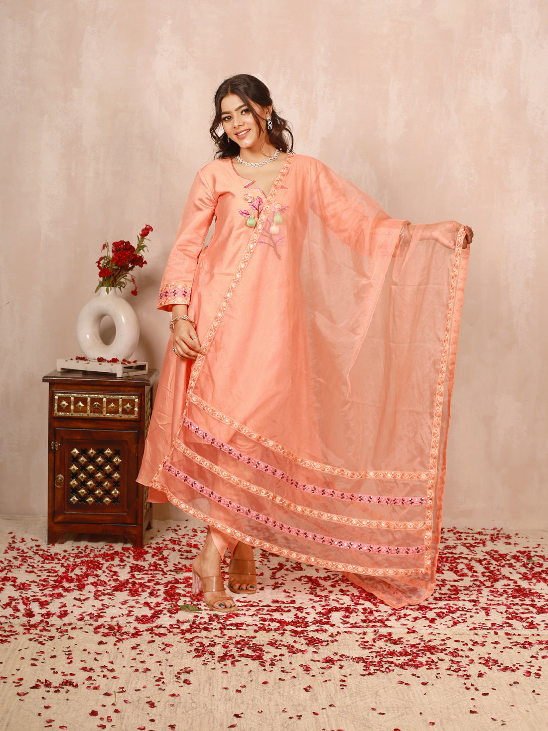 Amber Peach Hand Embroidered  A line suit