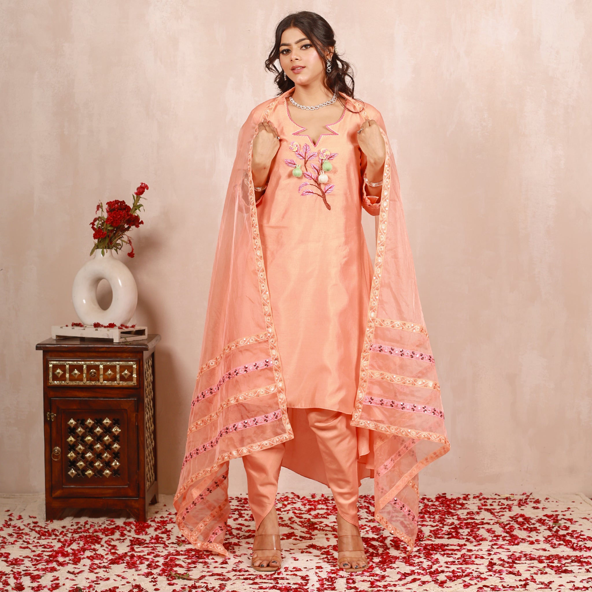 Amber Peach Hand Embroidered  A line suit