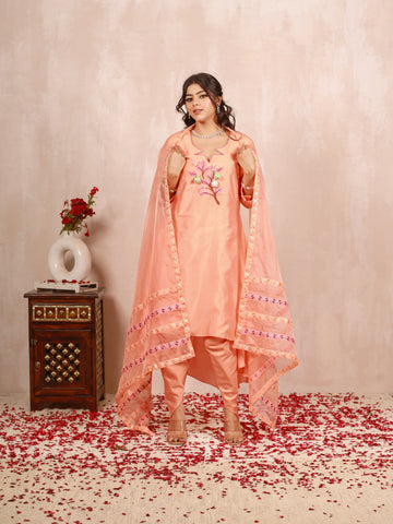 Amber Peach Hand Embroidered  A line suit
