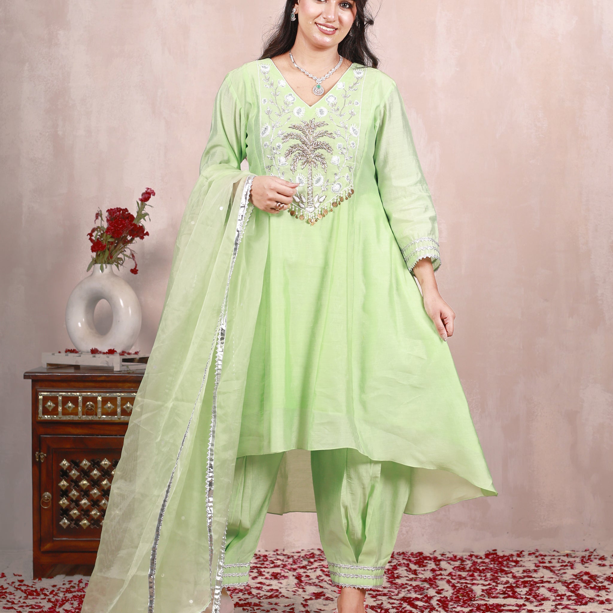 Mohita Mint Green Hand Embroidered  A line suit