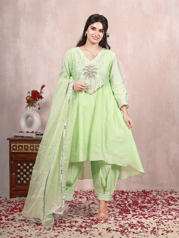 Mohita Mint Green Hand Embroidered  A line suit