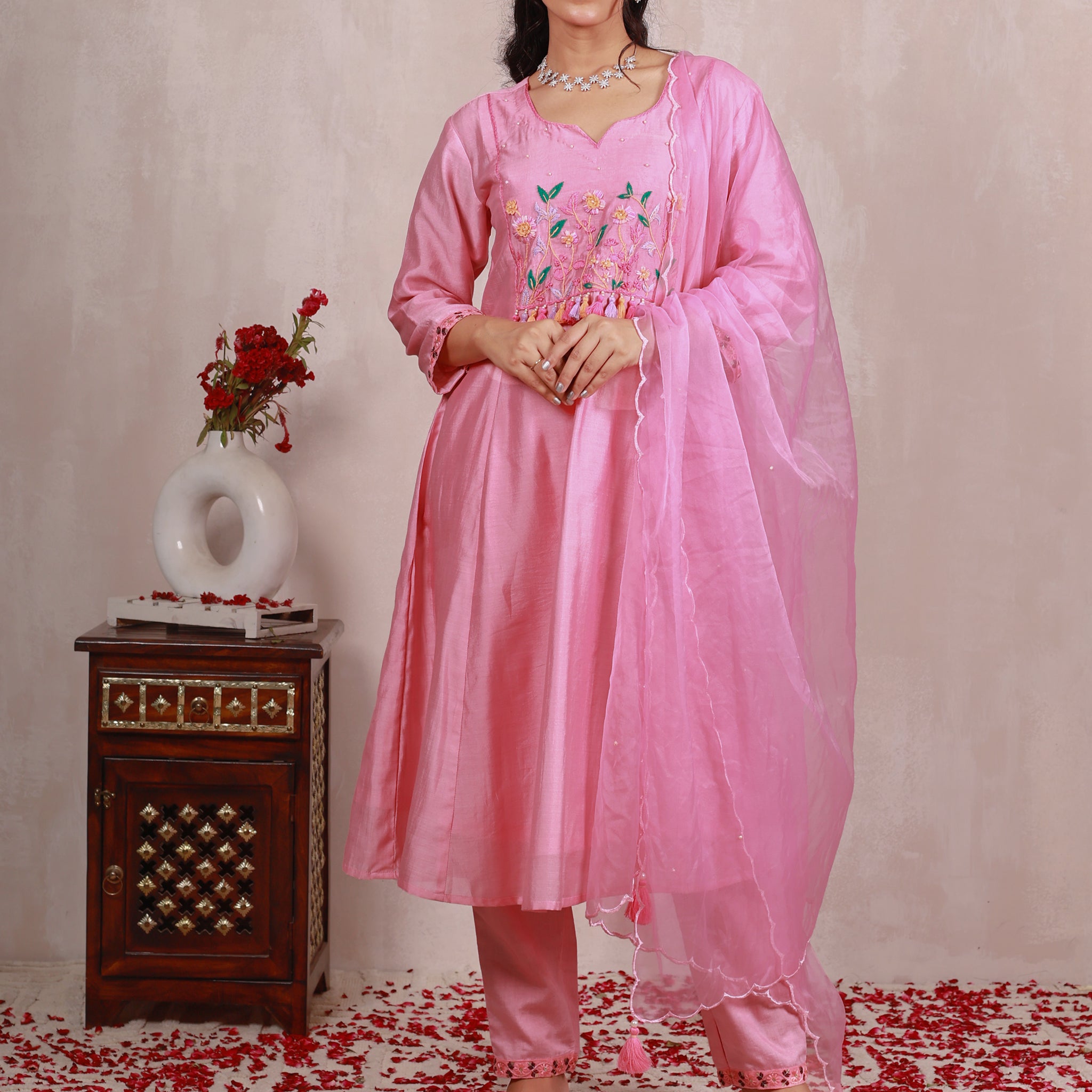 Malvika Pink Hand Embroidered  A line suit
