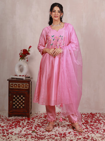Malvika Pink Hand Embroidered  A line suit