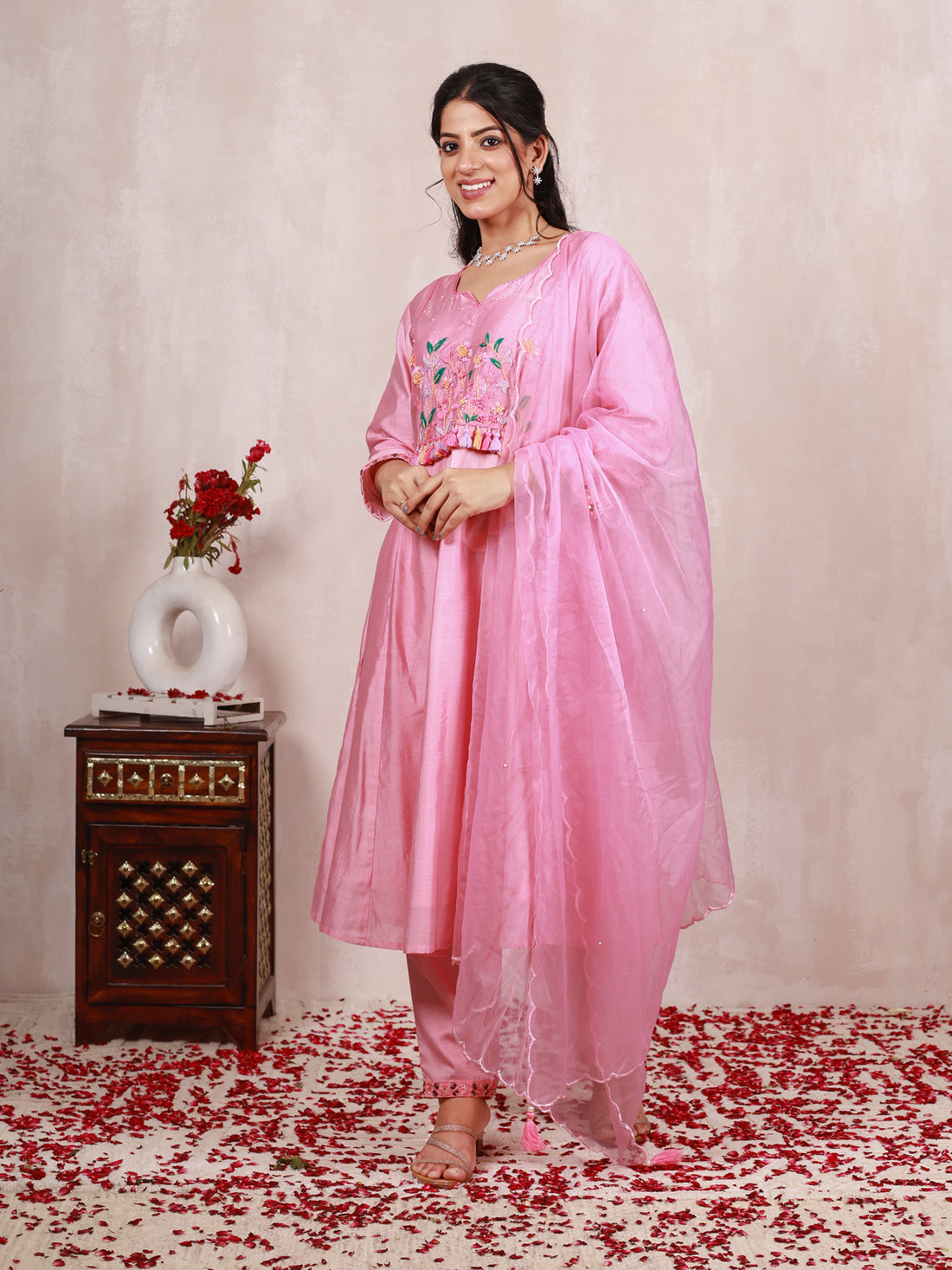 Malvika Pink Hand Embroidered  A line suit