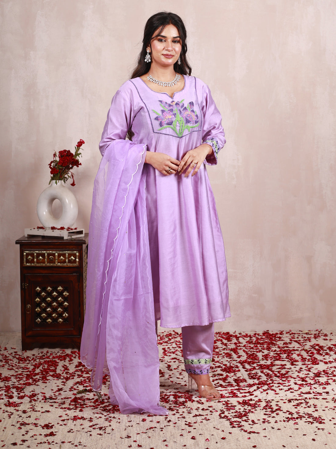 Swapan Lavender Hand Embroidered  A line suit