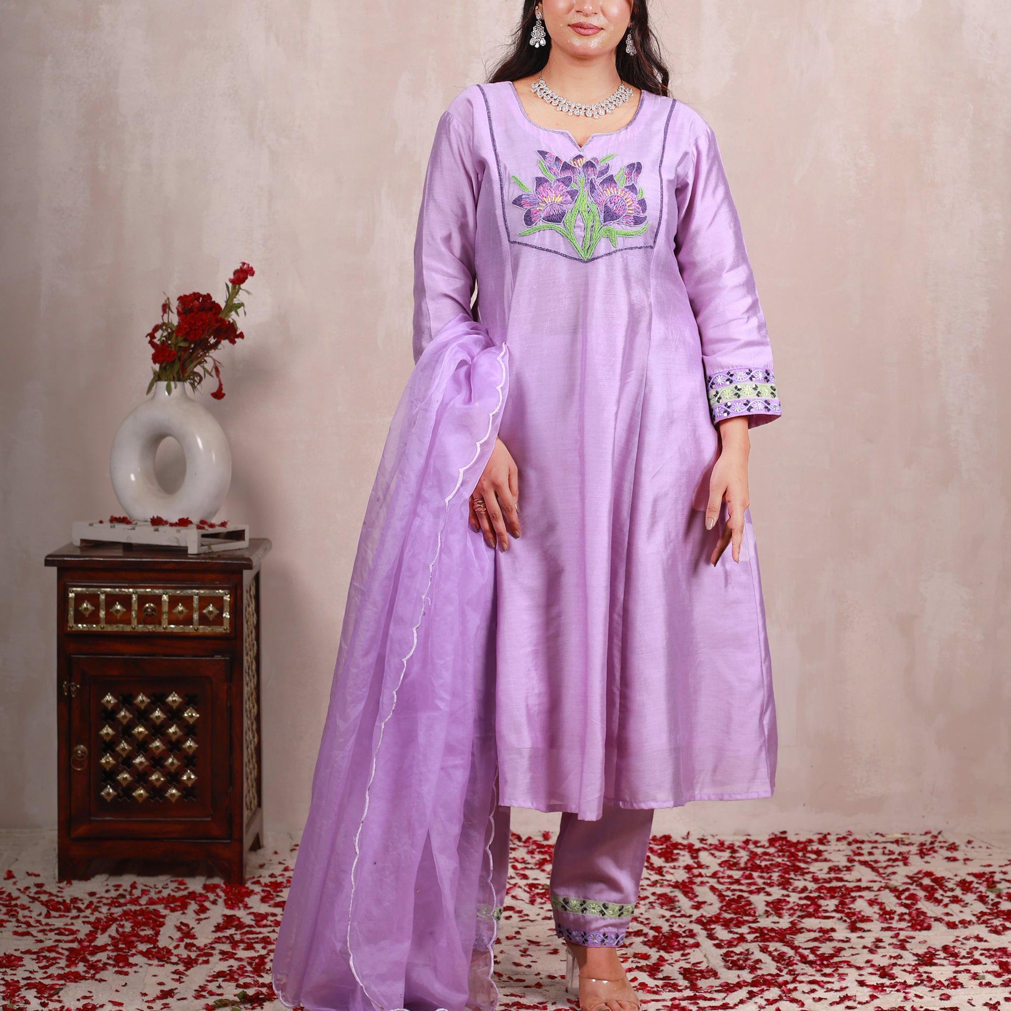 Swapan Lavender Hand Embroidered  A line suit