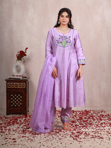 Swapan Lavender Hand Embroidered  A line suit