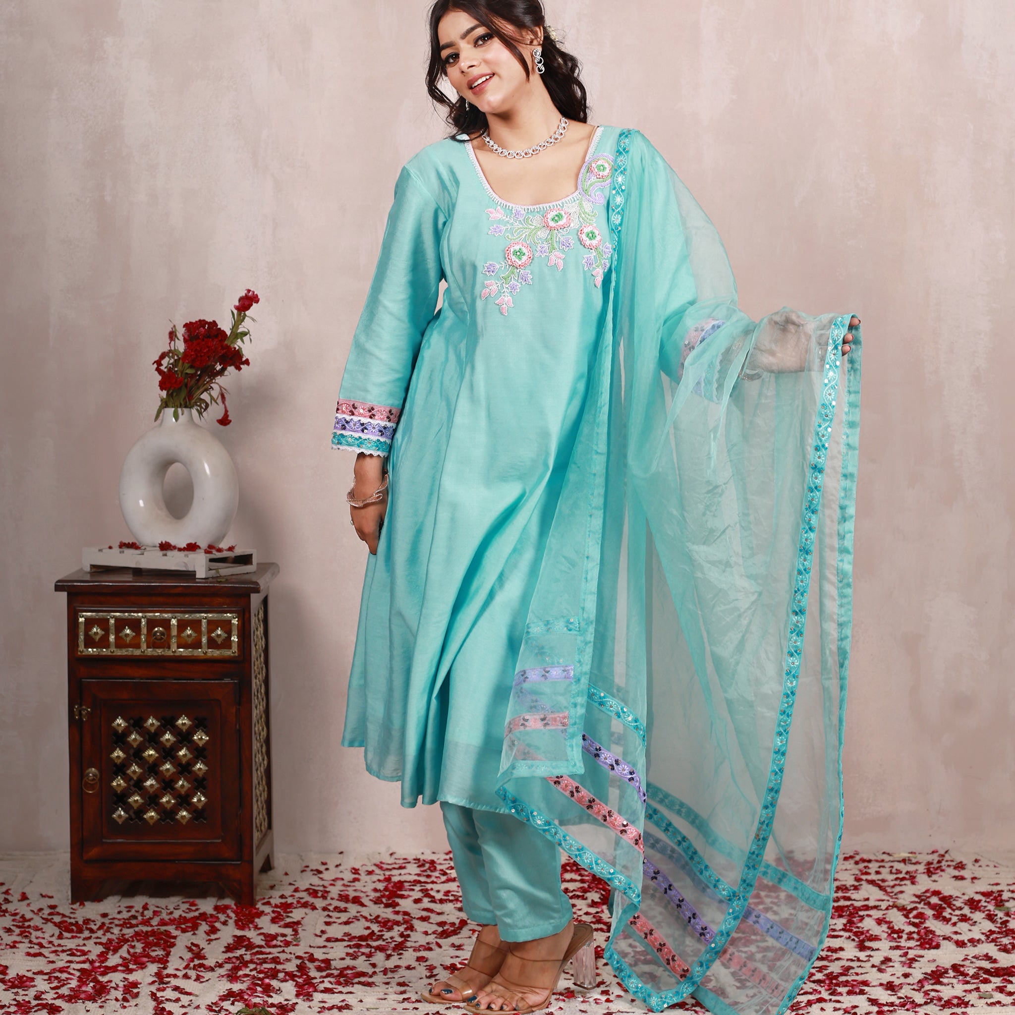 Eshani Sky Blue Hand Embroidered  A line suit