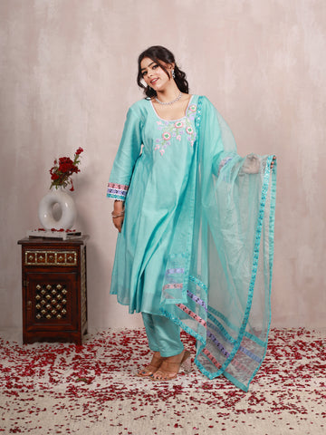 Eshani Sky Blue Hand Embroidered  A line suit