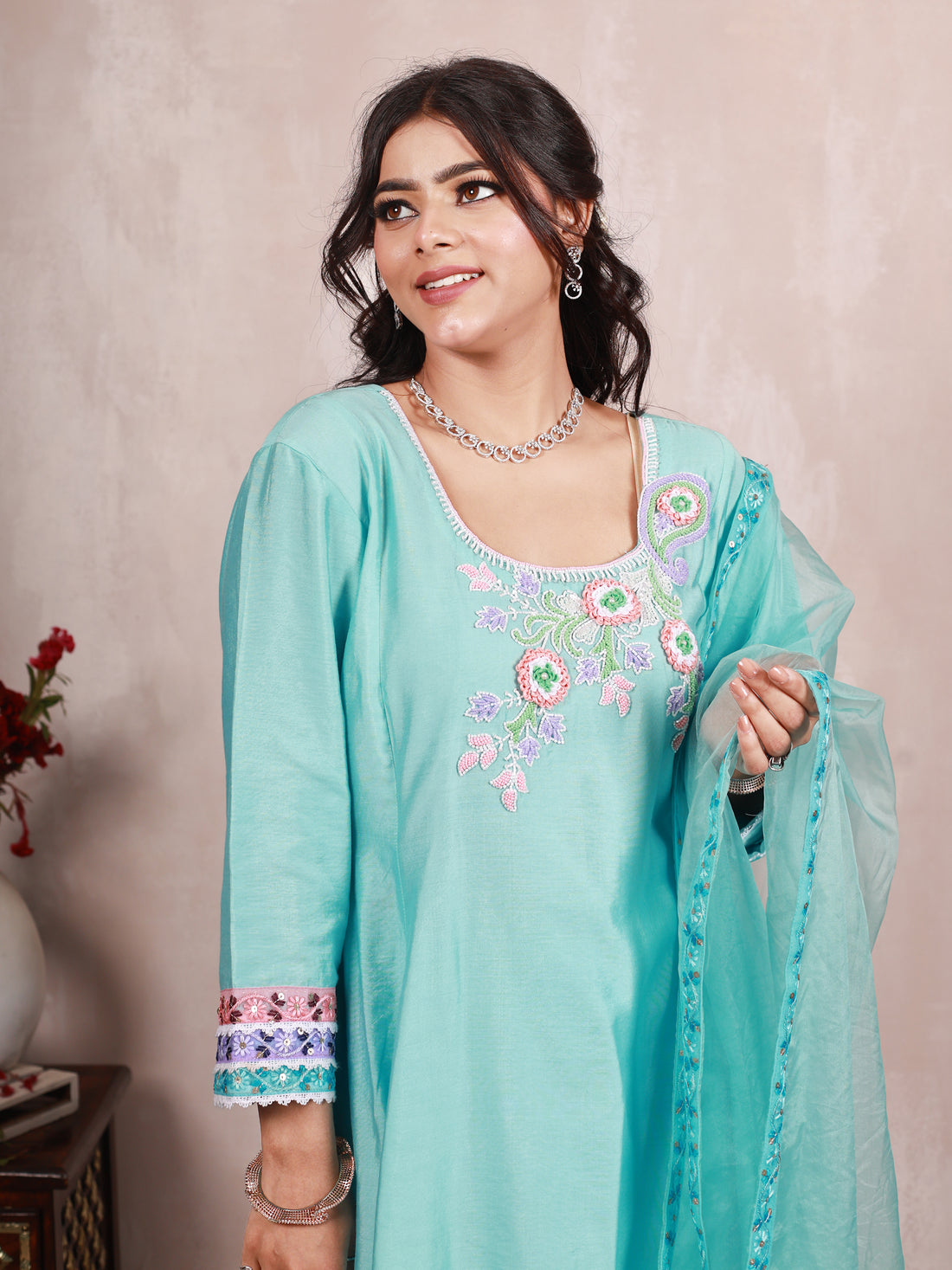 Eshani Sky Blue Hand Embroidered  A line suit