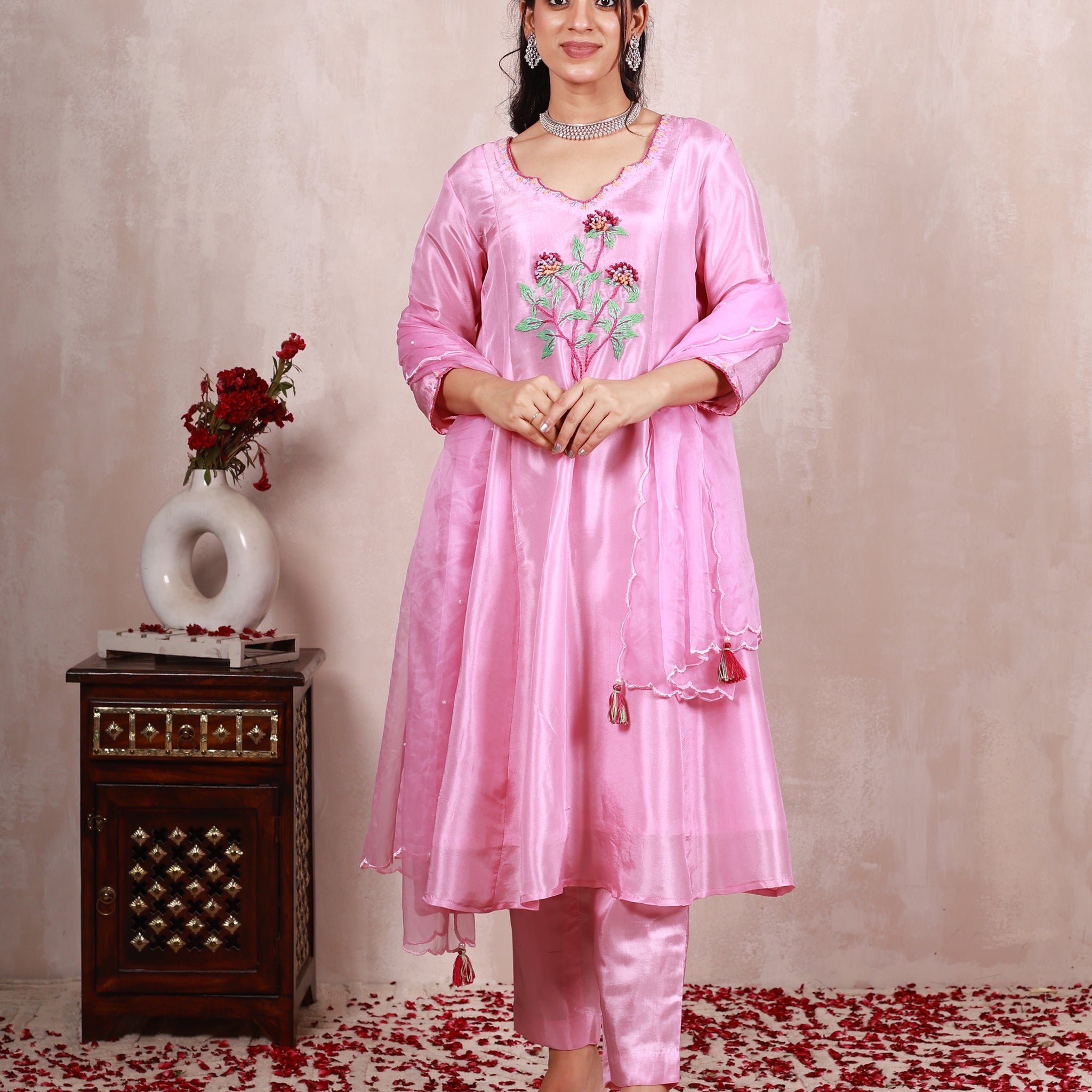Zanisha Pink Hand Embroidered  A line Silk Suit