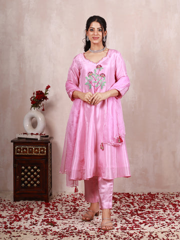 Zanisha Pink Hand Embroidered  A line Silk Suit