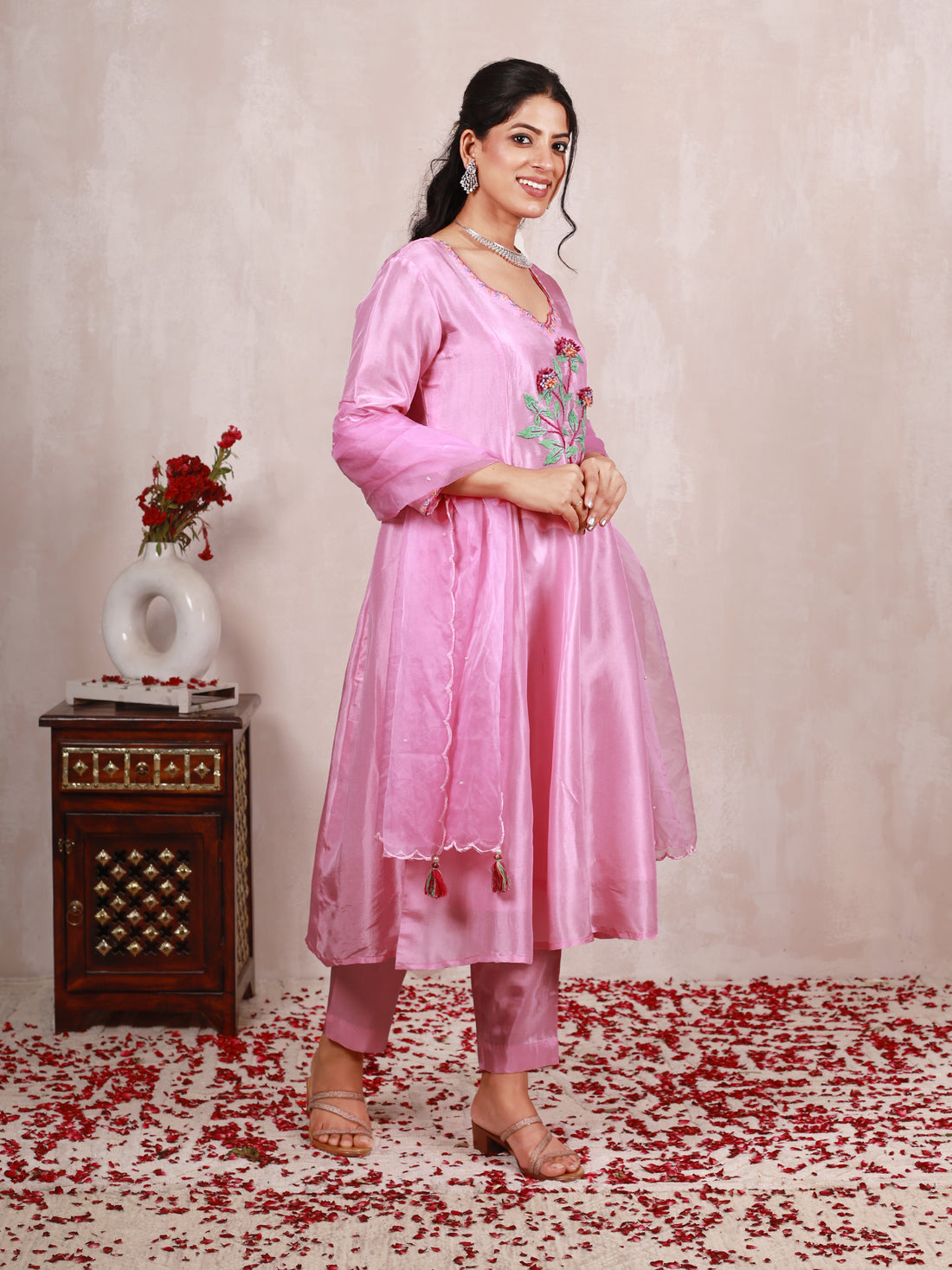 Zanisha Pink Hand Embroidered  A line Silk Suit