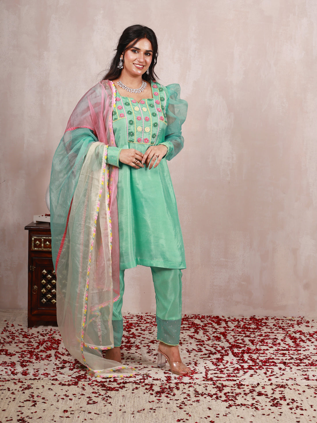 Shayrana Mint Green Hand Embroidered  Silk Suit