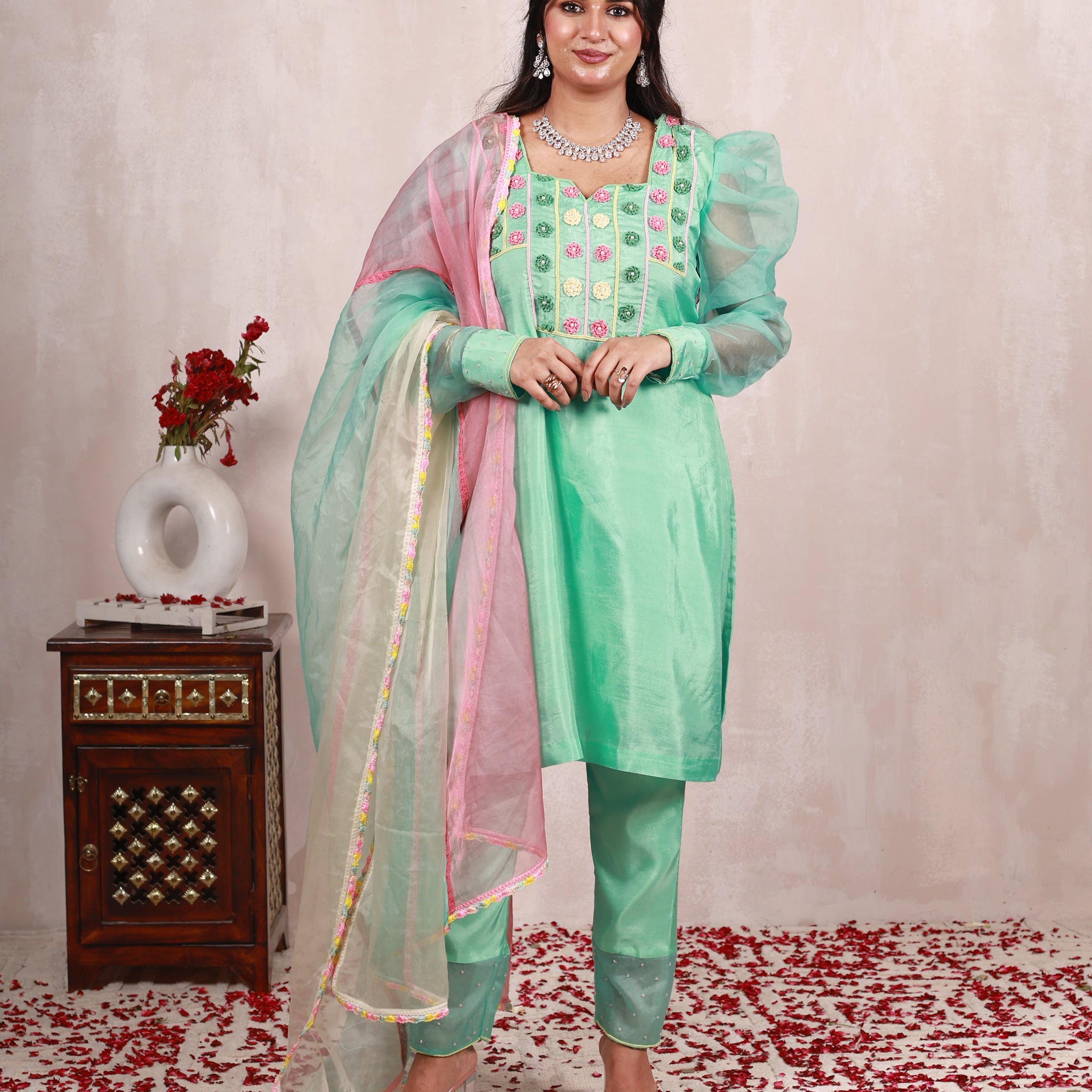 Shayrana Mint Green Hand Embroidered  Silk Suit