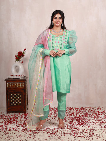 Shayrana Mint Green Hand Embroidered  Silk Suit