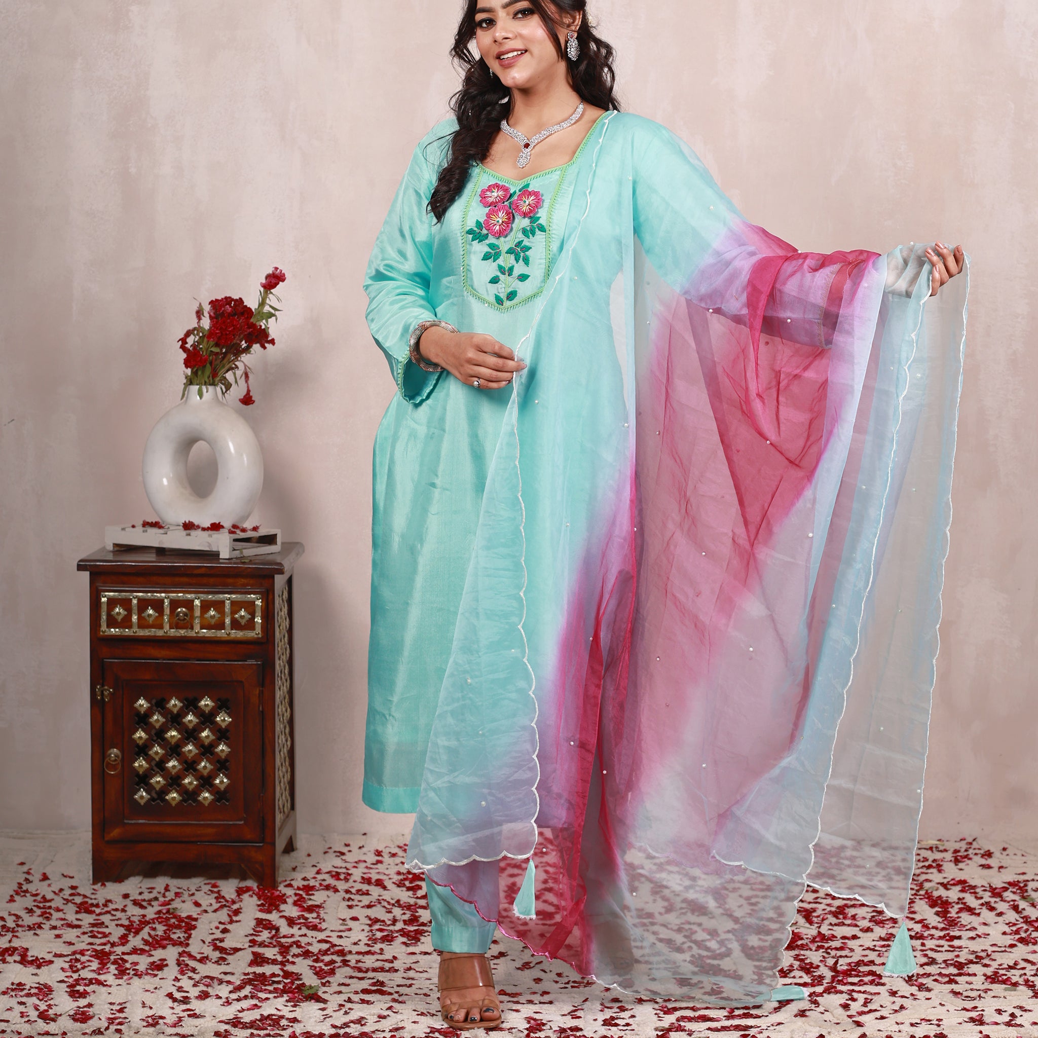 Zamaira Pastel Blue Hand Embroidered  Silk Suit