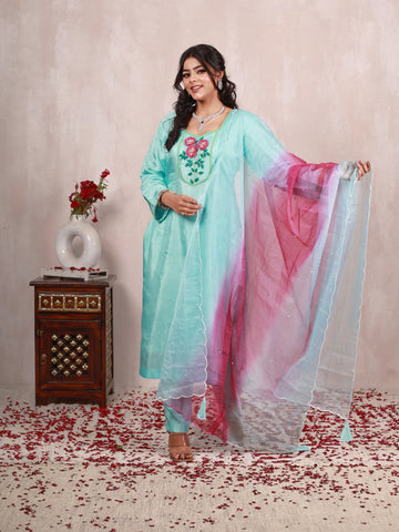 Zamaira Pastel Blue Hand Embroidered  Silk Suit