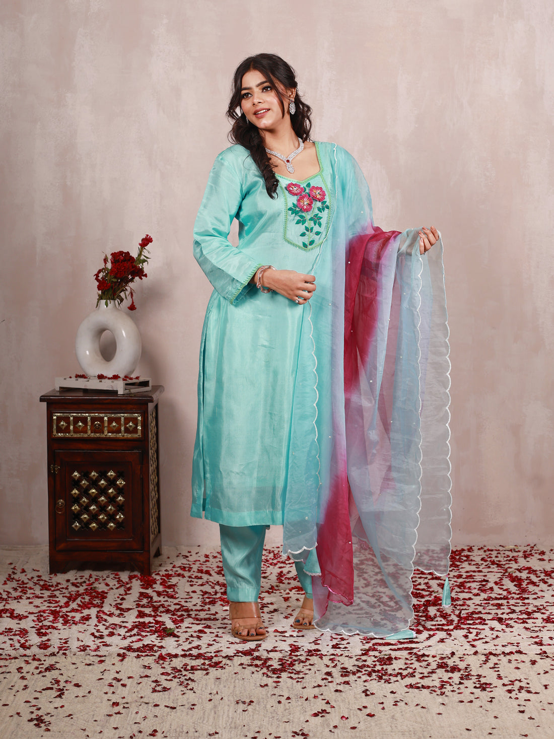 Zamaira Pastel Blue Hand Embroidered  Silk Suit