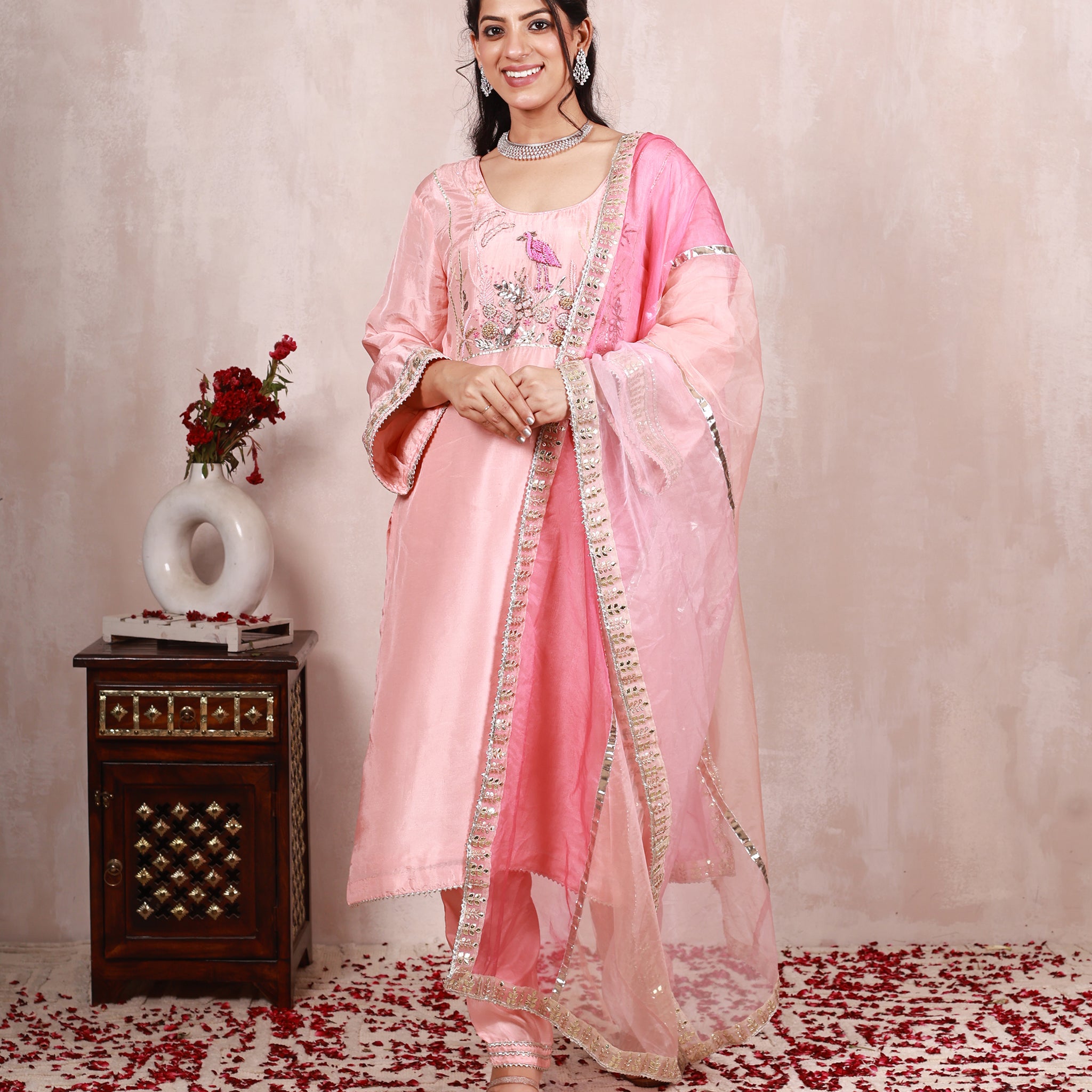 Ayanya Pastel Peach Hand Embroidered Silk Suit