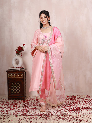 Ayanya Pastel Peach Hand Embroidered Silk Suit