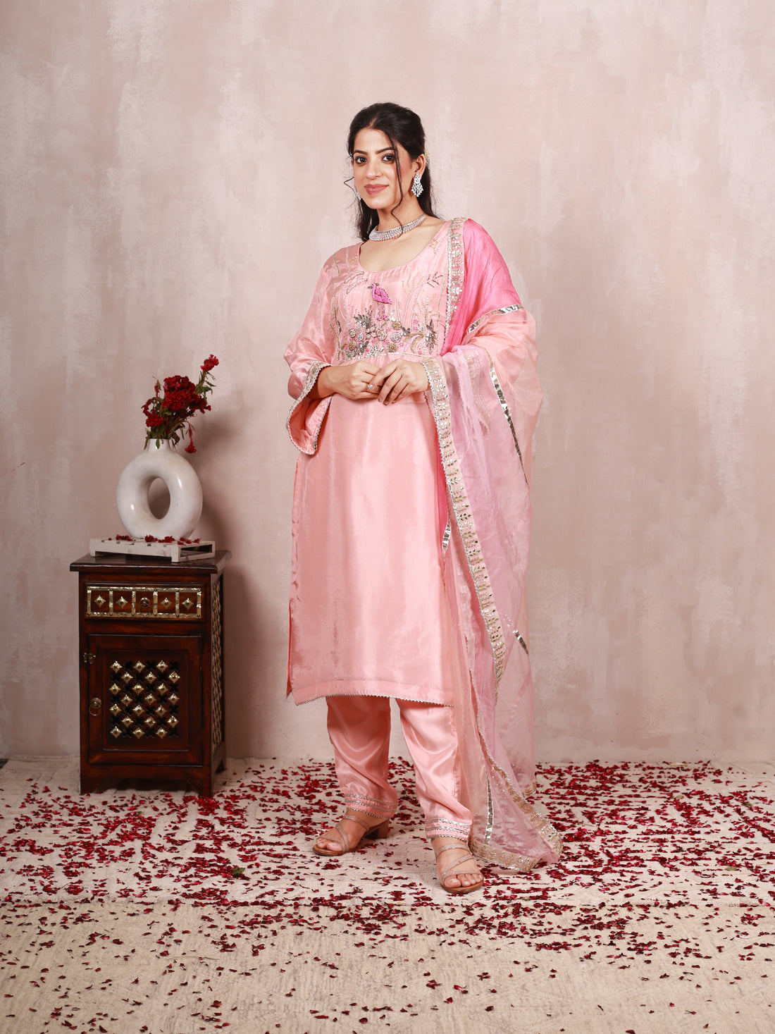 Ayanya Pastel Peach Hand Embroidered Silk Suit