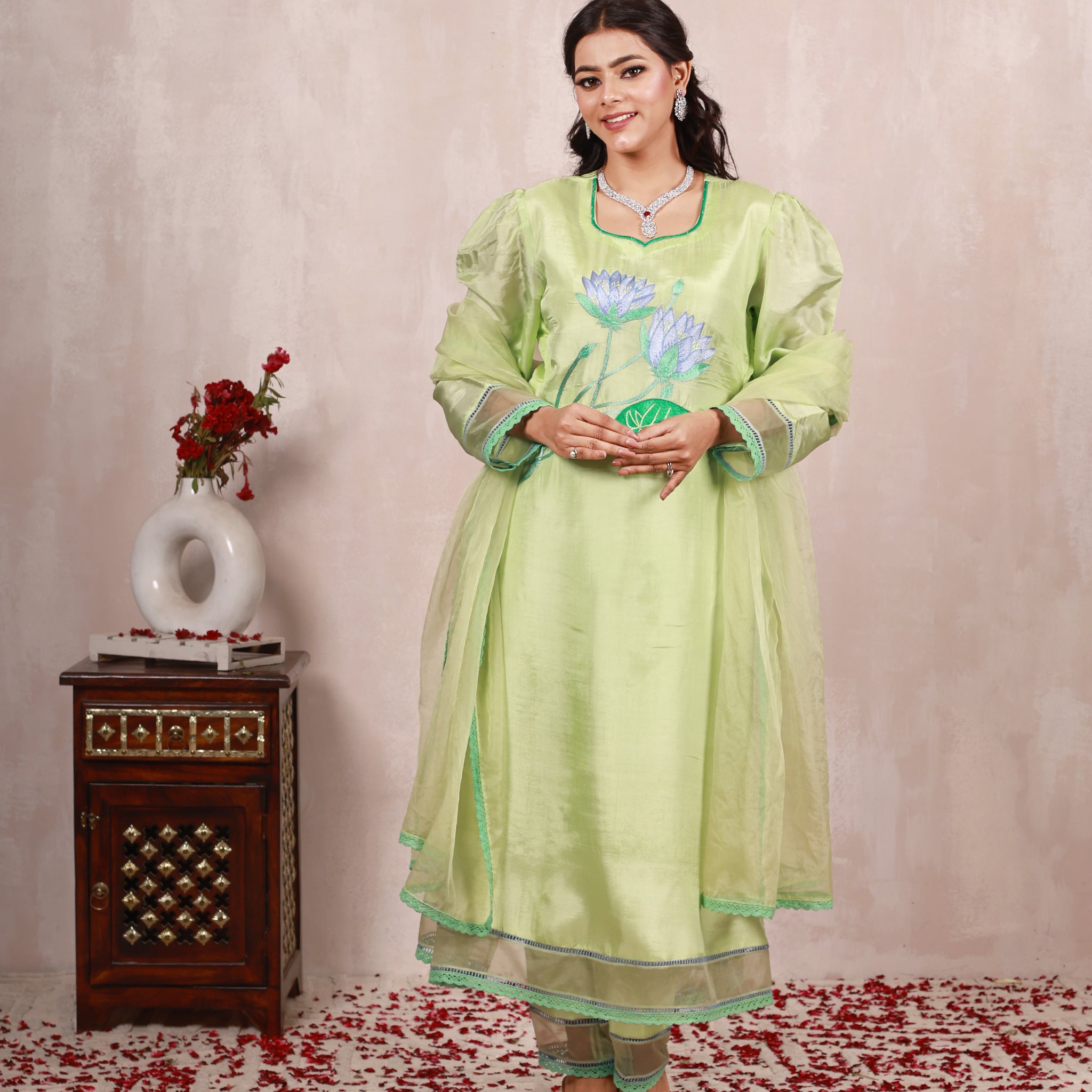 Ayanya Pastel Green Hand Embroidered Silk Suit