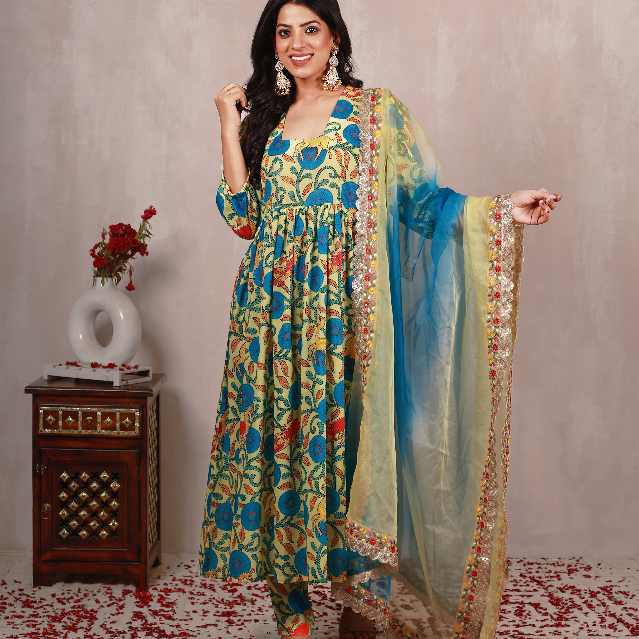 Pastel yellow Madhubani Art Print A line Suit Set