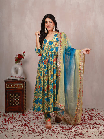 Pastel yellow Madhubani Art Print A line Suit Set