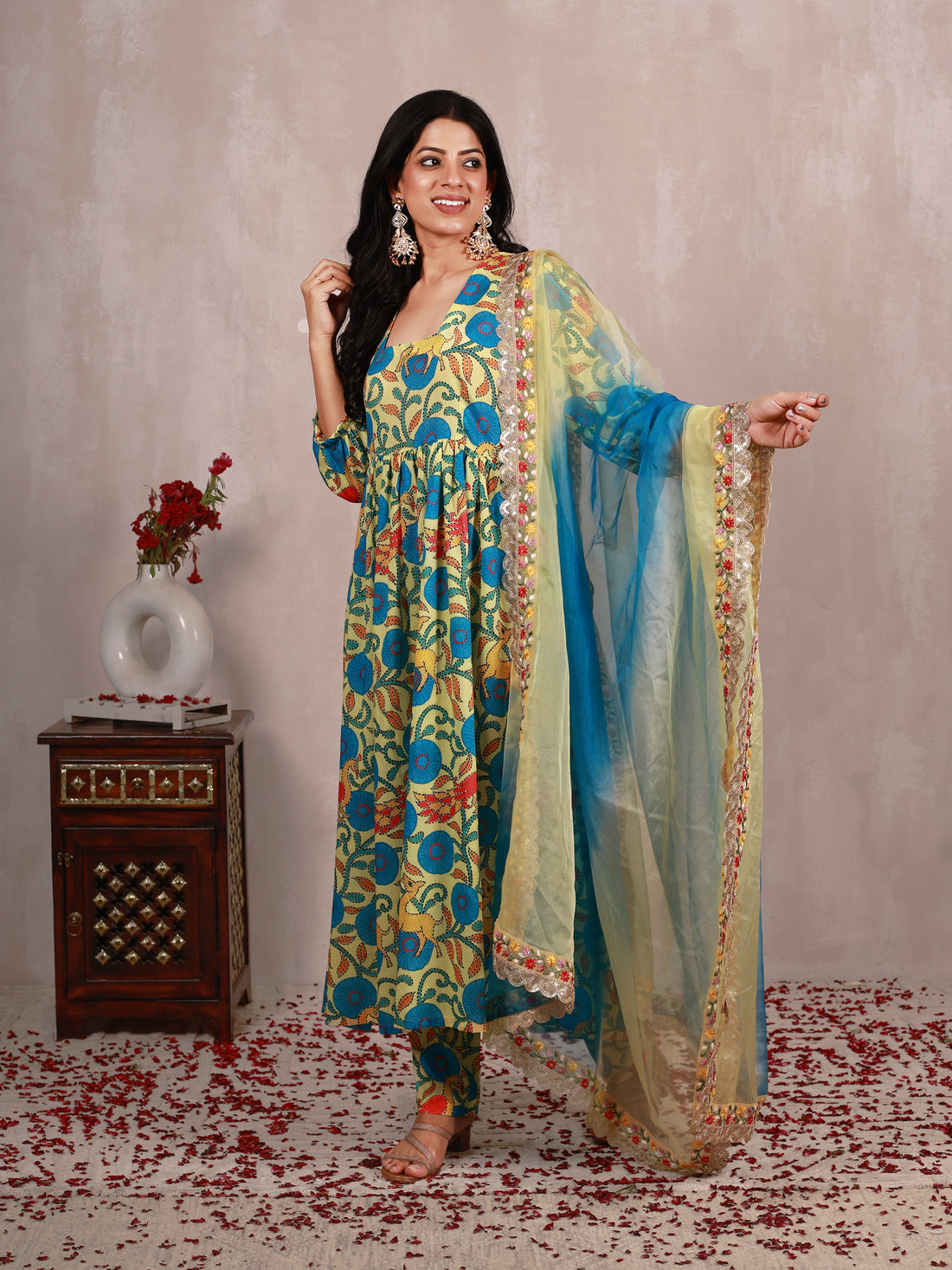 Pastel yellow Madhubani Art Print A line Suit Set
