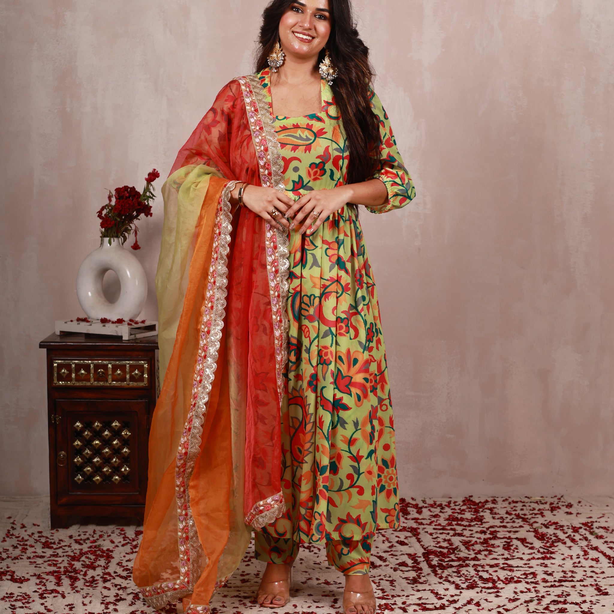 Pastel Green Kani work print A line Suit Set