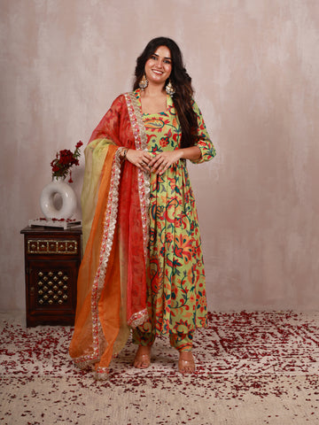 Pastel Green Kani work print A line Suit Set
