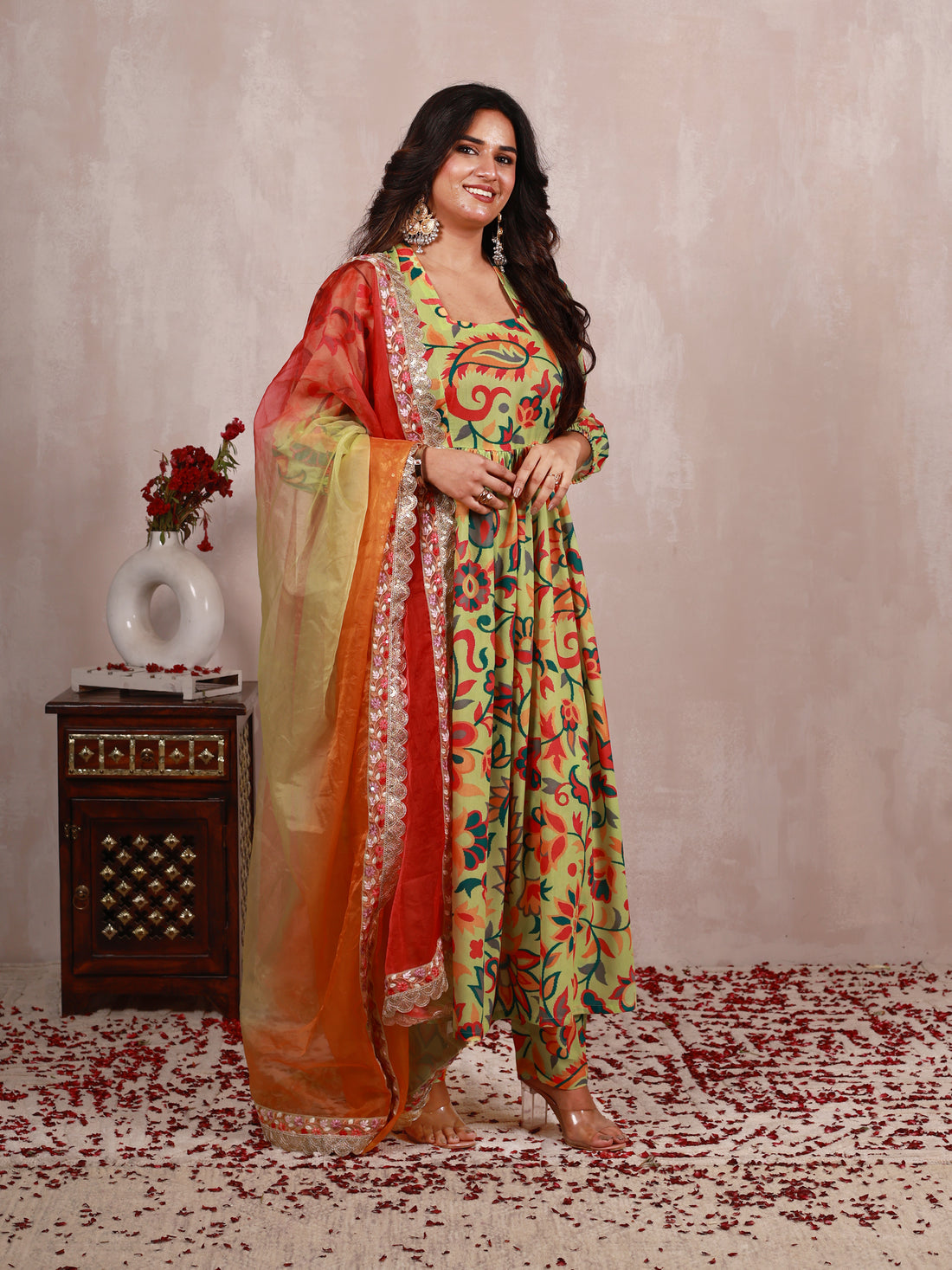 Pastel Green Kani work print A line Suit Set